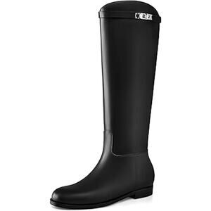 MiraAzzurra Womens Size 7.5 Black Faux Leather Zip Up Low 1" Heel Knee Boots